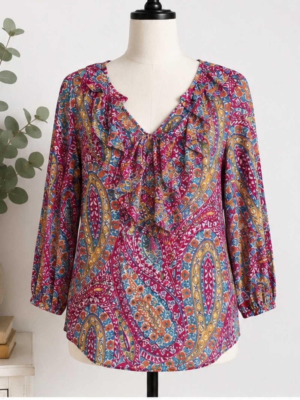 Lauren Ralph Lauren Paisley Ruffle Tie Neck Blouse Boho Pink Blue Size S